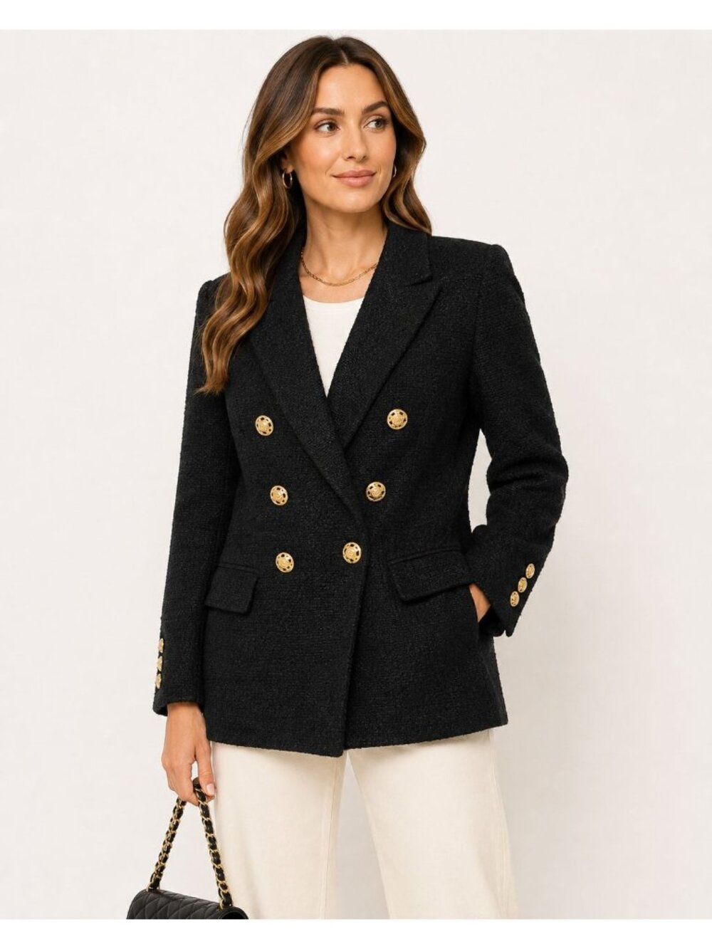 Zara Woman Black Tweed Blazer XL Double Breasted Gold Buttons Quiet Luxury